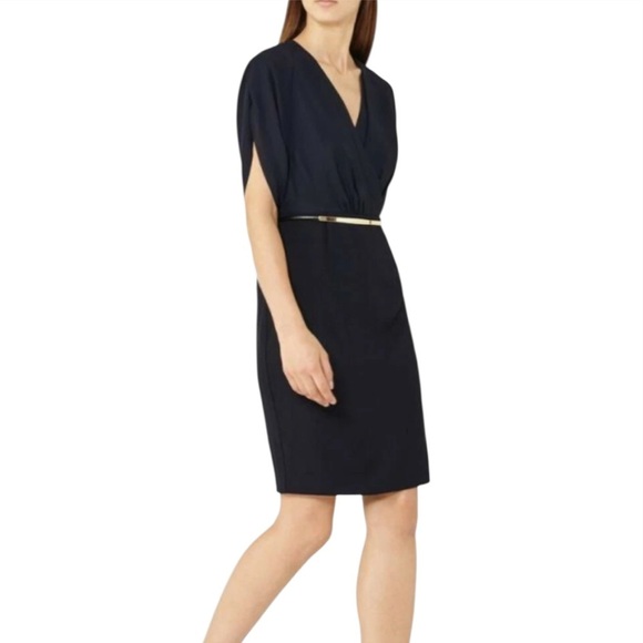 REISS Lyon Knee Length Laser Cut Open Back Navy Blue Sheath Dress Sz 6 Office - Picture 7 of 14